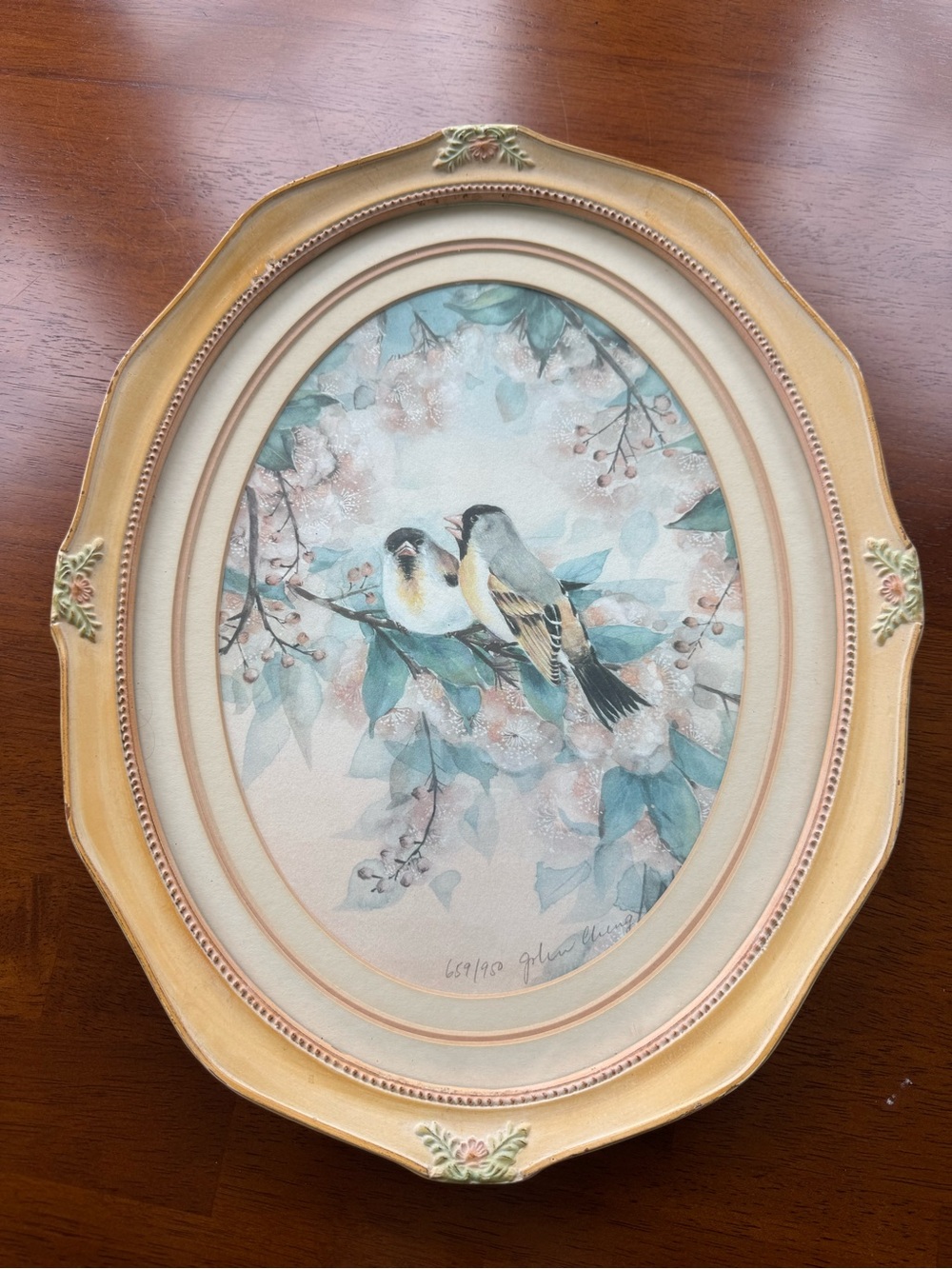 Signed & Numbered Bird Watercolor Art Print – Vintage Ornate Oval Frame